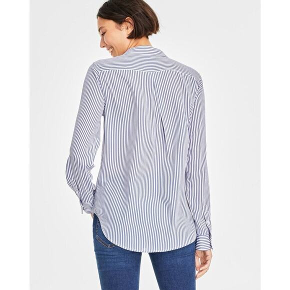 On 34th Women's Button-Front stripped Crepe Shirt Size 3X In Bijou Blue Combo. - Picture 4 of 14